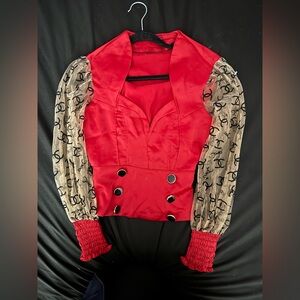 NOT REAL BRAND RED BLOUSE WITH BLACK & GOLD BUTTONS WITH SEE THROUGH SLEEVES